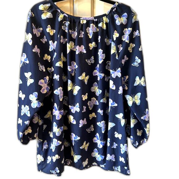 Charter Club Butterfly Print Navy Blue Blouse - Size XL - Picture 2 of 4